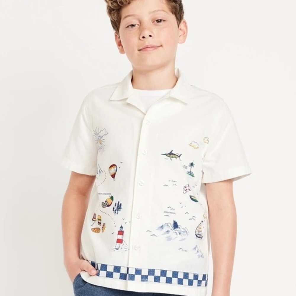 Old Navy Boys Resort Camp Shirt Travel Print Checker Trim XL 14-16